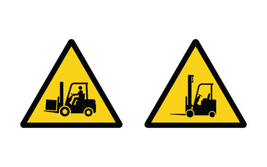 Forklift warning signs with black silhouettes against yellow triangular backgrounds safety signage silhouette lift truck industrial vehicle material handling warehouse © paki