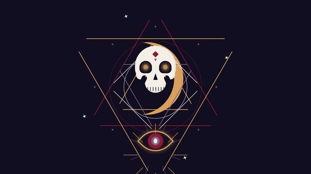 Mystical Skull Animation with Esoteric Geometric Symbols and Celestial Eye Elements on Dark Background