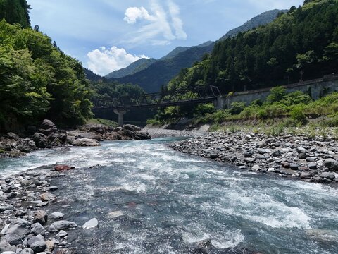 Rushing river flows over rocky bed