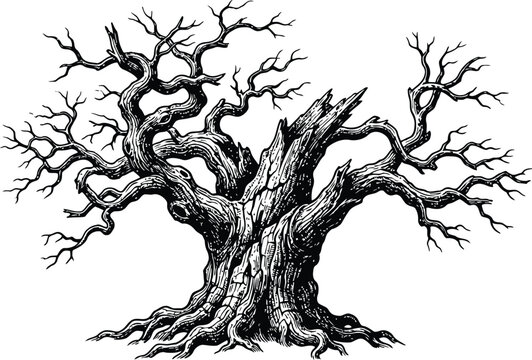 A gnarled bare tree rendered in a detailed engraving style evoking a vintage halloween mood with its spooky silhouette against a white background