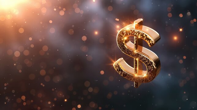 Golden Dollar Sign with Glittering Light Effects on a Dark Background for Financial and Investment Concepts