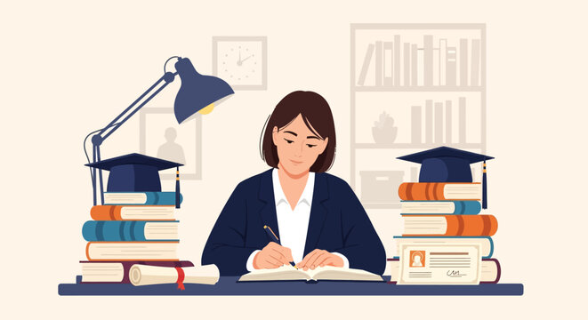 Student studying hard at a desk with books and graduation caps.