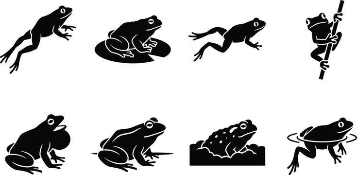 Black silhouette vector icon set of frogs and toads in various jumping and sitting poses