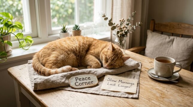 Adorable ginger cat resting peacefully on a rustic wooden table by a bright window alongside a cup of tea and inspirational notes, perfectly