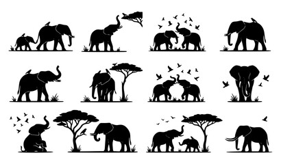 African Elephant Silhouette Collection with Safari Trees Wildlife Nature Vector Illustration Set © SobujChandra