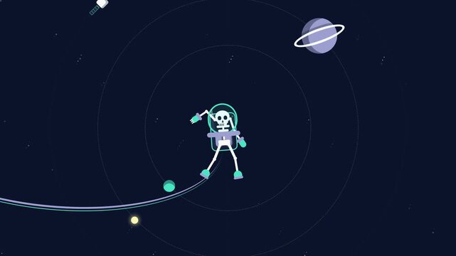 Minimalist Vector Animation of Skeleton Astronaut Floating in Deep Space Orbit with Planets