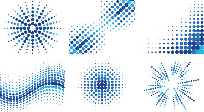 Blue halftone dot pattern circle radial and corner vector element set for modern designBlue halftone dot pattern circle radial and corner vector element set for modern design