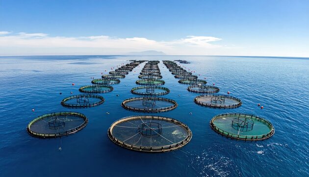 Floating fish farm cages in open deep blue ocean.