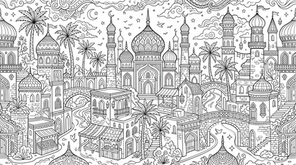 Naklejka premium Islamic Middle East city vector line art coloring page with mosque domes minarets palm treesIslamic Middle East city vector line art coloring page with mosque domes minarets palm trees
