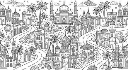 Ancient Arabic town landscape coloring page vector illustration with mosque minarets and market street © Akramul