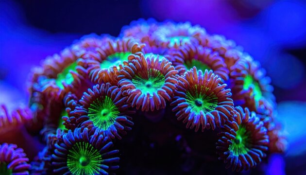 Fluorescent coral reef polyps under blue underwater light.