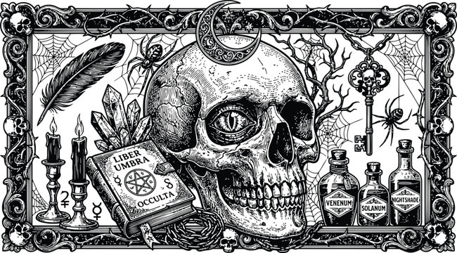 A vintage engraving of a skull with a crescent moon potion bottles and occult symbols during a spooky halloween night