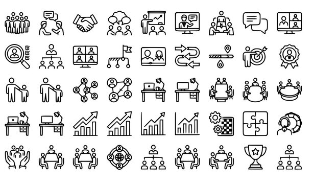 Create a premium vector illustration featuring 30 unique thin line business teamwork icons arranged in a clean 6&times;5 grid on a solid pure white background. Include teamwork, coworker group, business mee