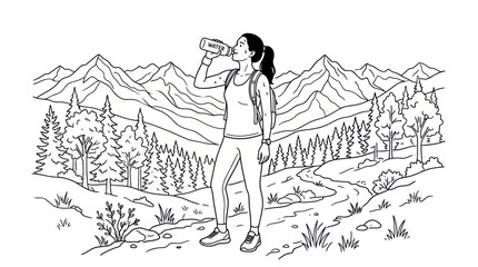 Obraz premium Woman hiking in mountain landscape line art illustration