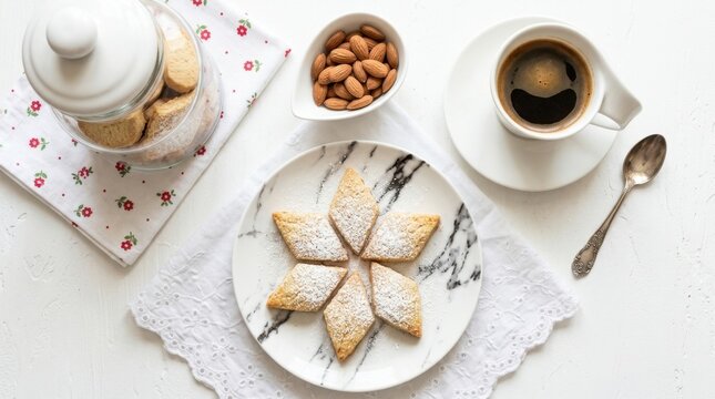 Top view of delicious star shaped butter cookies on a marble plate with a cup of hot black coffee and nuts on a white background, representing a peaceful morning breakfast or a cozy snack time