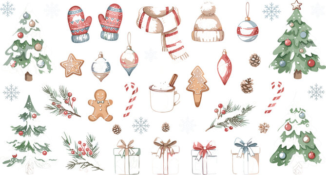 Watercolor Christmas vector set with winter tree mittens scarf hat gift boxes gingerbread man and hot chocolate cup elements