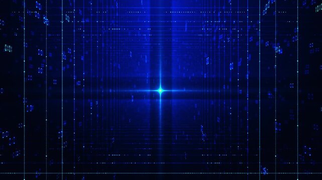 Digital grid light tunnel visual with blue matrix walls, glowing center star, and deep interface perspective. Perfect for technology promos, cyber intros, data dashboards, and motion overlays.