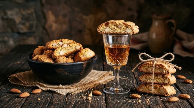 Traditional Italian cantucci biscotti cookies with almonds served with a glass of sweet dessert wine on a rustic wooden table, perfect for a cozy snack and representing authentic Mediterranean tastes.