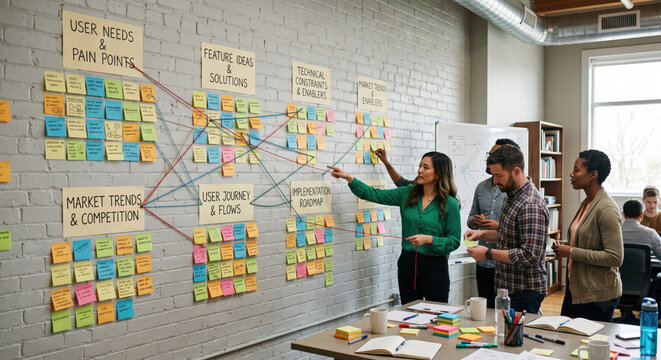 Agile sprint planning on Kanban board; backlog, OKRs, roadmap, user stories and prioritization for growth.