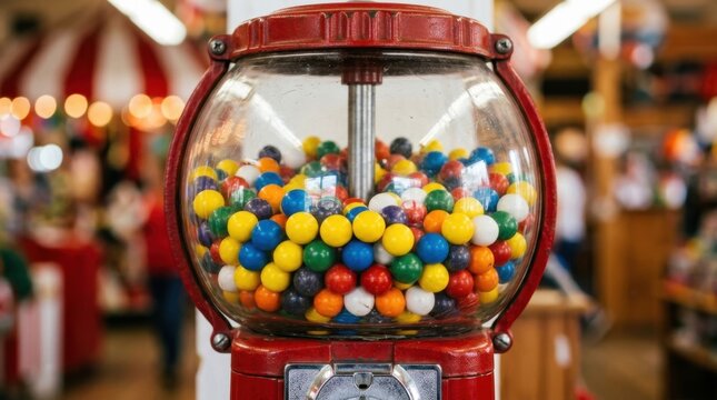 Classic red vintage gumball machine filled with colorful round candy treats sits in a nostalgic indoor market background, offering a charming retro aesthetic for commercial and design projects. Fun