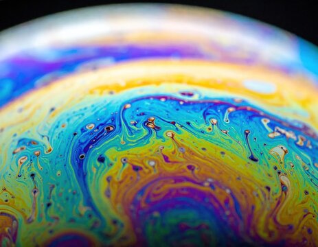 Colorful iridescent patterns on soap bubble surface.