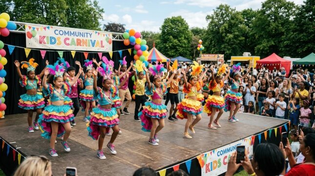 Group of talented children performing synchronized custom dance choreography steps inside outdoor public festival park venue