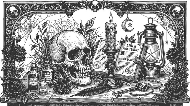 An engraving of a vintage halloween scene with a skull candle and lantern on an open book