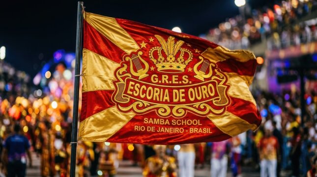 Close up view of public supporter hand waving a grand red and gold custom embroidered team flag banner at stadium arena