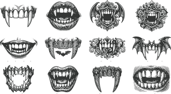 Collection of vintage engraving style vampire fangs and mouths with ornate flourishes perfect for a spooky halloween theme