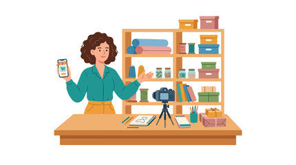 Fototapeta premium A creative woman showcases her online craft store while filming a video blog surrounded by sewing supplies and handmade products.