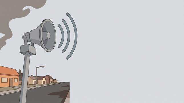 Emergency warning siren blaring audio waves over a suburban neighborhood flat vector illustration