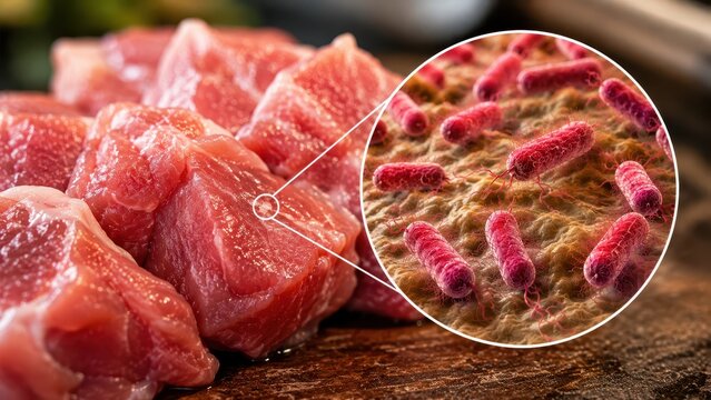 Raw meat with a magnified view of harmful bacteria illustrating food contamination, foodborne pathogens, hygiene, food safety, and microbiological health risks.