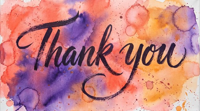 Handwritten thank you calligraphic script over colorful watercolor stain background vector illustration