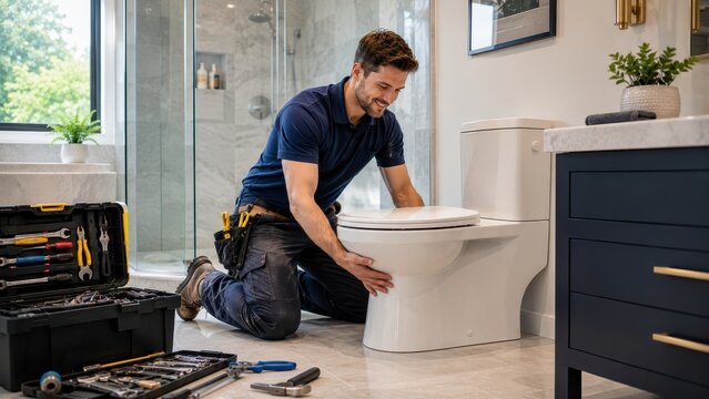 Professional Plumber Installing Modern Toilet in Residential Bathroom