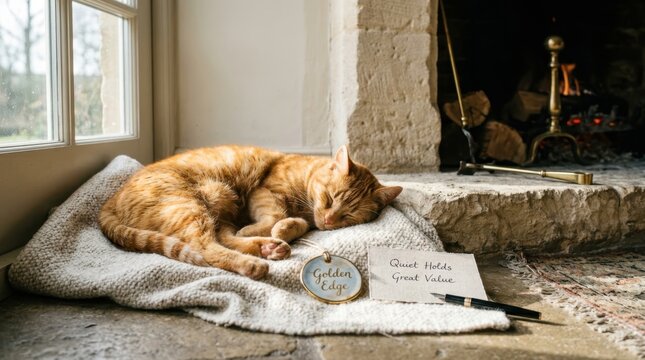 Peaceful ginger tabby cat sleeping on a textured blanket near a warm glowing fireplace in a rustic home, representing a quiet domestic lifestyle and