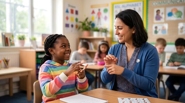 Teacher and student using sign language in a bright school classroom