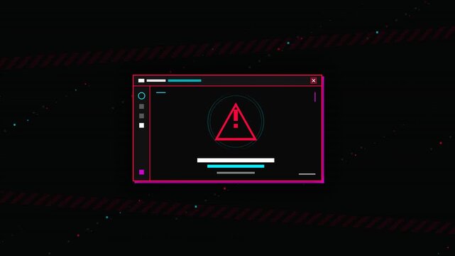 Abstract digital warning window with glitch effects and system error alert icon on dark background