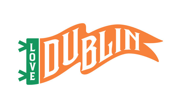 An orange, green, and white pennant graphic displaying the text "LOVE" and "DUBLIN".