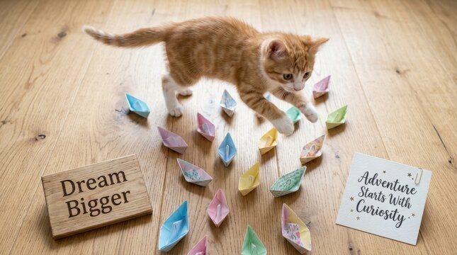 Playful ginger kitten jumping over colorful paper boats on a wooden floor with inspirational quotes about dreaming bigger and adventure starting