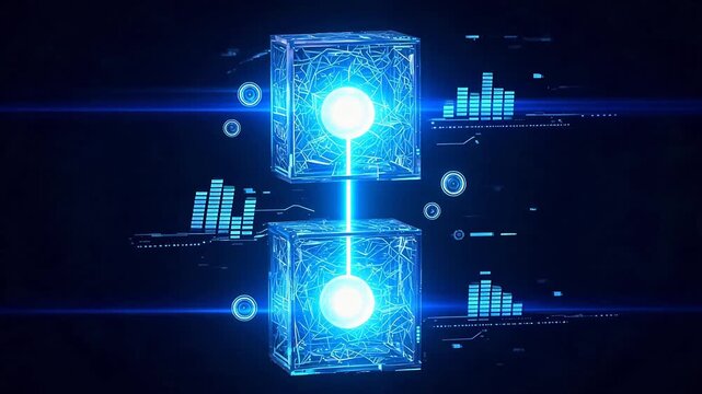 Futuristic Quantum Data Transfer Between Glowing Transparent Cubes with Neural Network Visualization