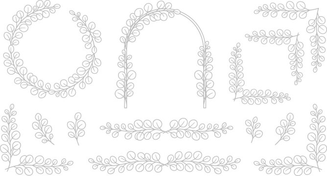 Hand drawn eucalyptus branch collection featuring circular wreaths arch frames and decorative corner borders for elegant wedding stationery design