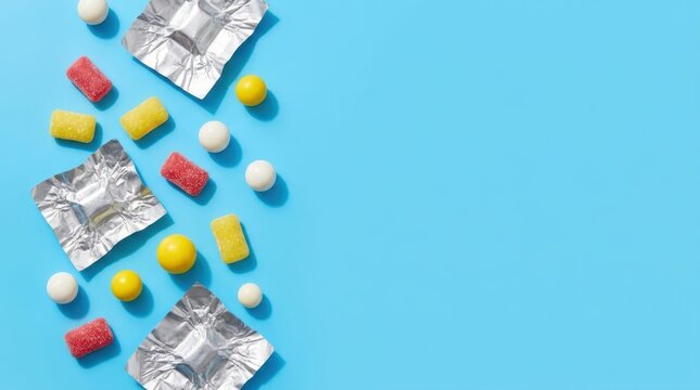 Assorted colorful gummy candies and white round chewing gums scattered with silver foil wrappers on a vibrant blue surface background. This professional flat lay is for sweets snacks marketing design.