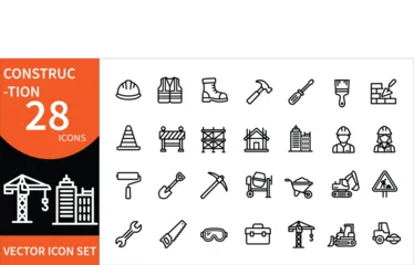 Construction Line Icons Set Including Hard Hat, Tools, Workers, Machinery and Building Editable Vector Set © Design Hunter