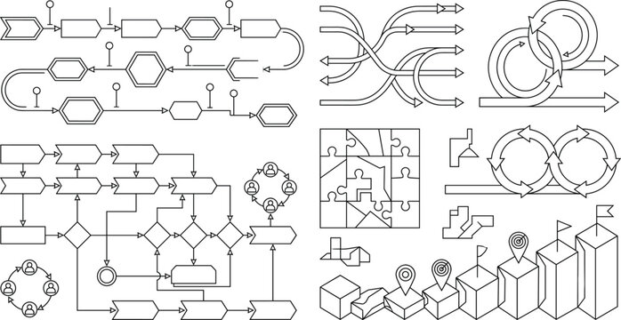 Business Process Flowchart and Workflow Diagram Vector Collection with Infographic Arrows Decision Paths and Isometric Process Elements