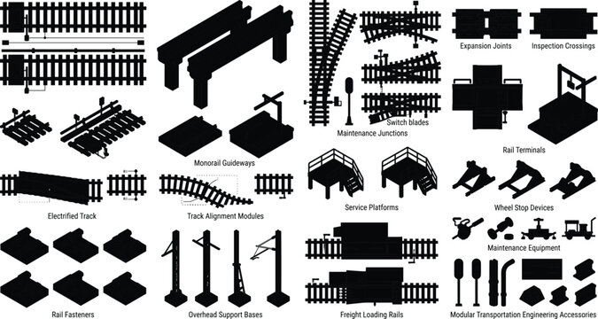 Comprehensive Railway Infrastructure Silhouette Vector Set Featuring Tracks Platforms Signals Crossings Bridges Freight Loading and Engineering Accessories