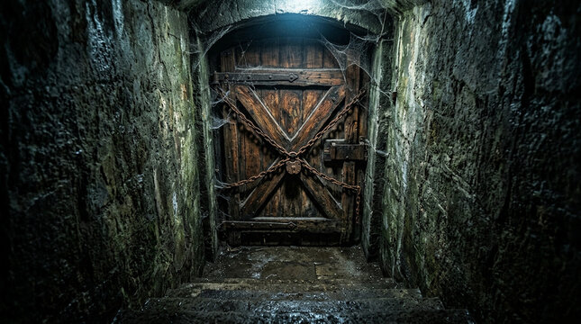 Old wooden basement door secured with heavy chains and padlock