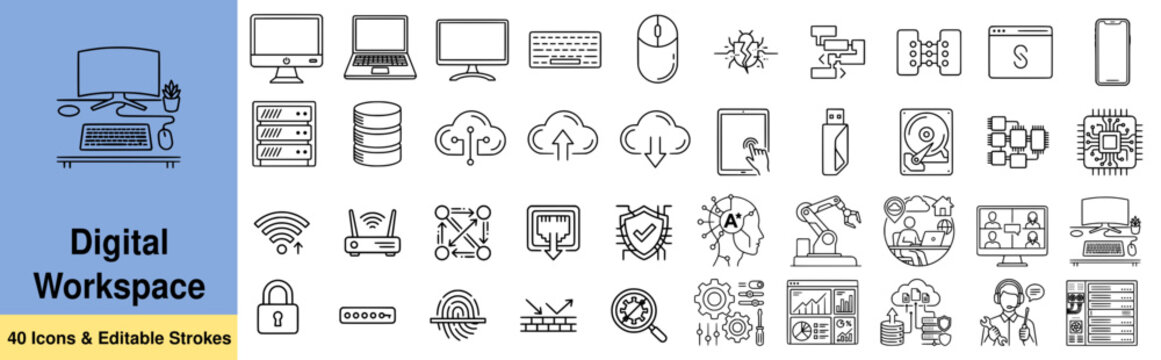 IT, digital workspace, computer hardware and tech icons. Cybersecurity, IT service, cloud computing and remote work thin line icon set. Editable stroke vector illustrations