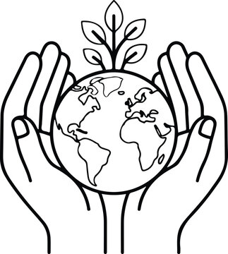 Earth-Care Hands Planet Sprout Line Art Vector Icon For Eco Charity Logo