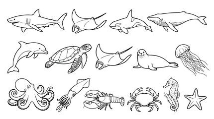 Minimalist sea life line art collection, 15 ocean animal vector icons, black and white marine creature sketches for coloring books and educational design © Hinaa