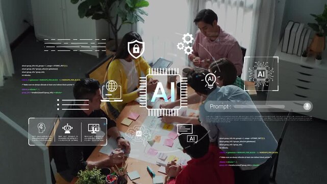 Diverse Team Collaborating on AI Project with Graphics and Notes in Modern Office Setting, Showcasing Technology and Innovation in Work Environment Gluon.